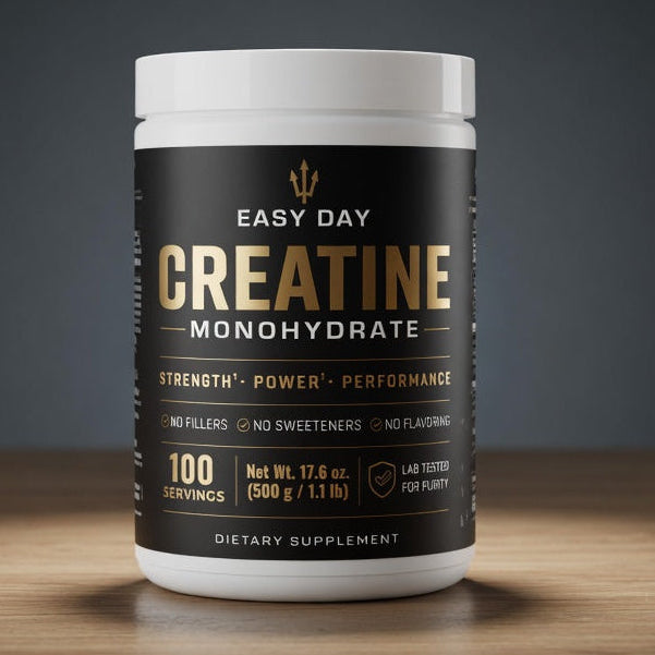 Creatine monohydrate supplement container on a wooden surface with a dark background
