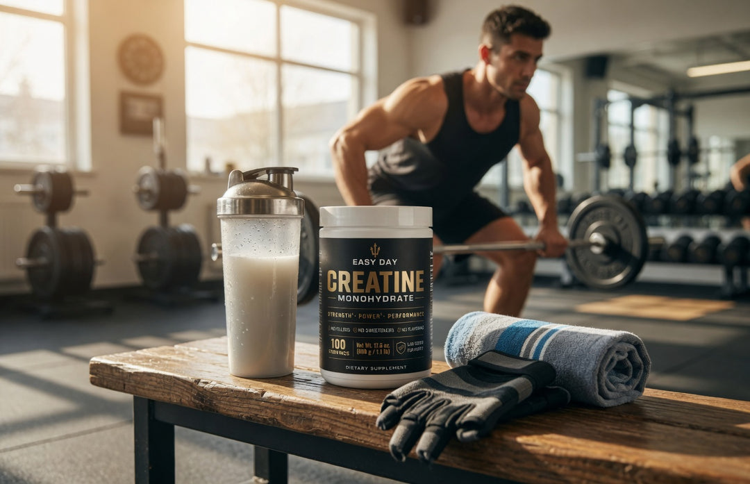 Person working out in a gym with creatine monohydrate supplement and protein shake on a table.