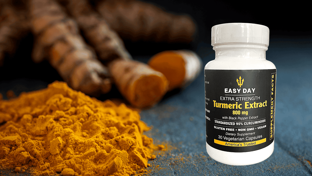 Easy Day Supplements Extra Strength Tumeric with Powder and raw plant in the background