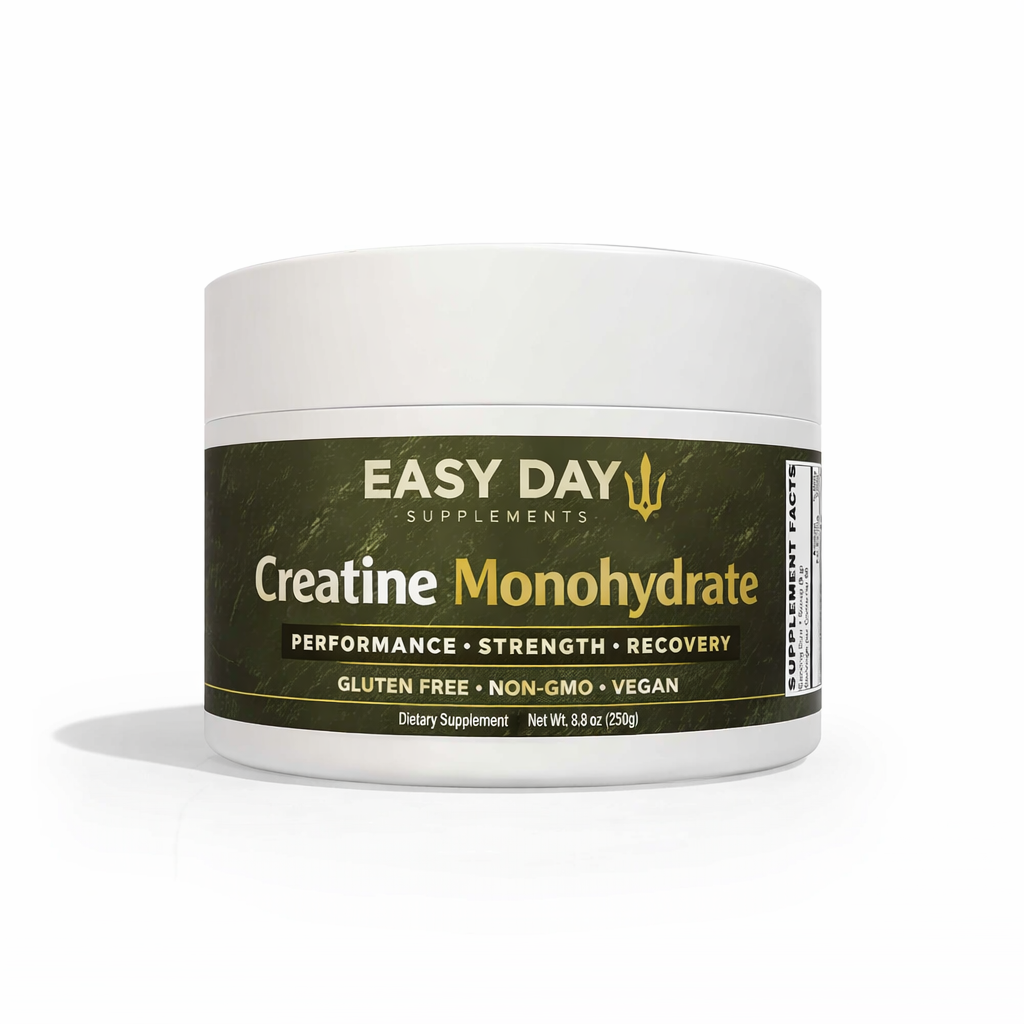 White container of Easy Day Supplements Creatine Monohydrate on a white background