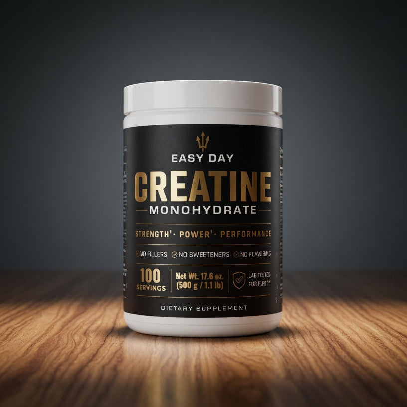 Creatine monohydrate supplement container on a wooden surface with a dark background