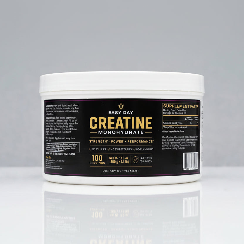 Container of Easy Day Creatine Monohydrate supplement on a gray background