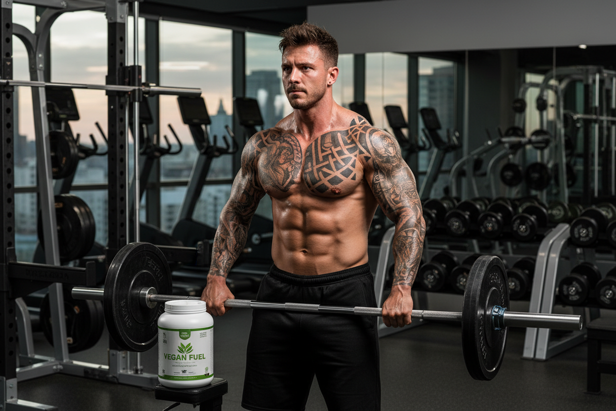 jacked tattooed man working out with vegan protein