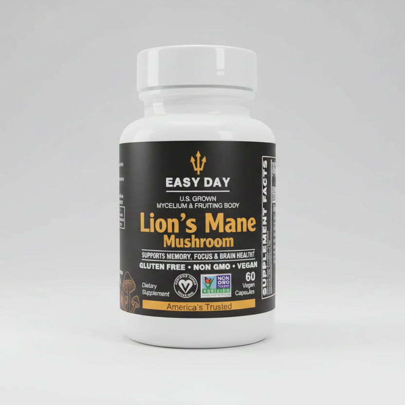 Close-up image of a bottle of Lions Mane capsules, a dietary supplement made from the extract of the Lions Mane mushroom. The capsules are small and white, with the label on the bottle listing the ingredients and dosage instructions.
