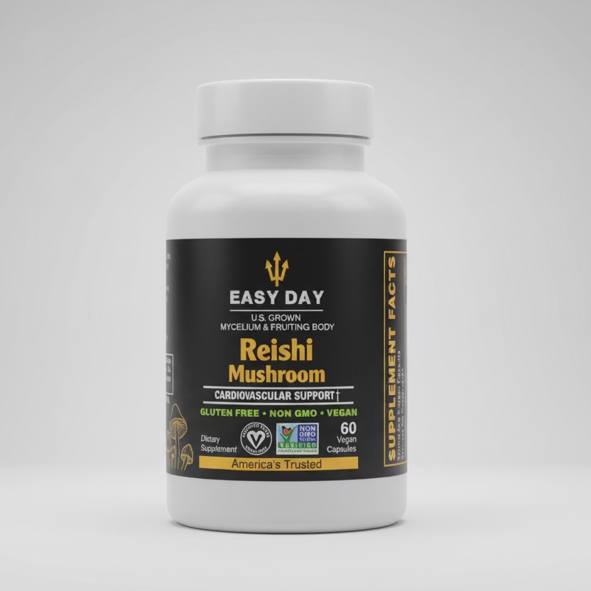 Supplement bottle labeled 'Easy Day Reishi Mushroom' on a natural background